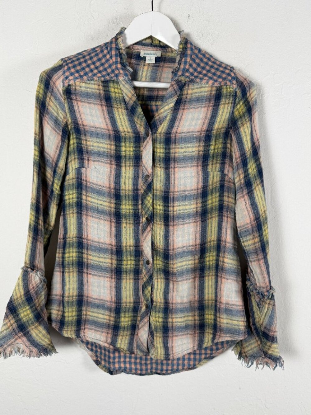 Sundance Plaid Flannel Shirt Raw Frayed Cuffs Mixed Print Boho Cotton Small